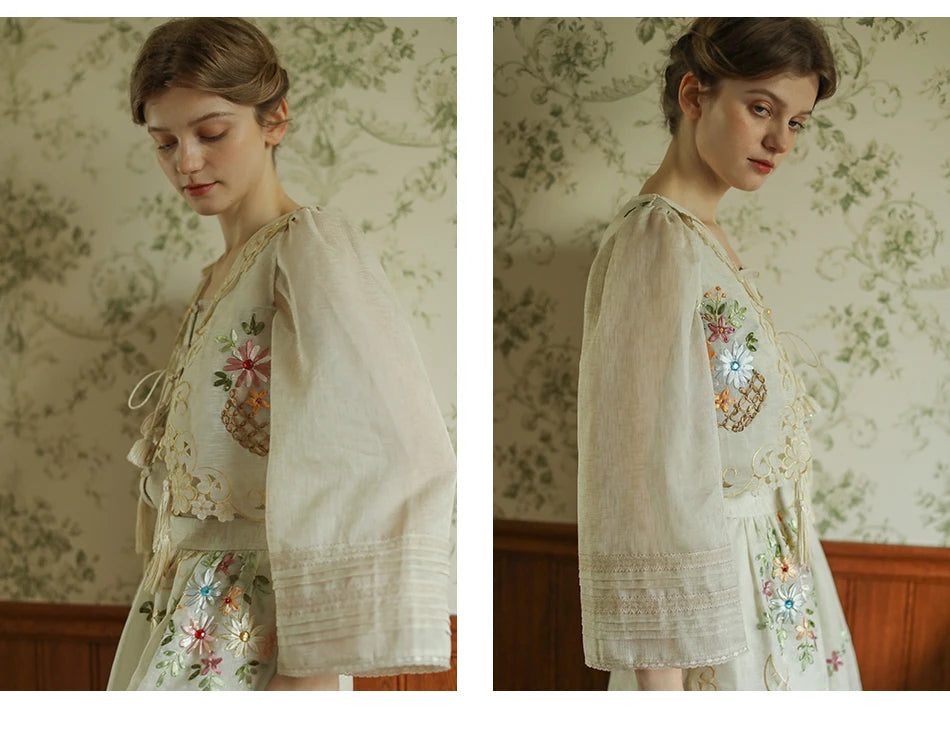 The Antoinette Tassel Embroidery Vest | French Antique Floral Cotton Gilet | Open-Stitch V-Neck | Parisian Princess
