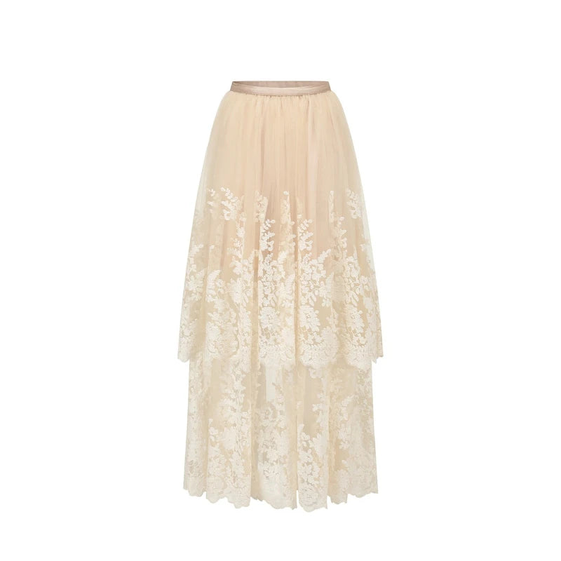 The Rosebud Versailles Lace Set | Pink Bustier & Shimmer Beige Maxi Skirt | Embroidered Two-Piece Gown | Parisian Princess