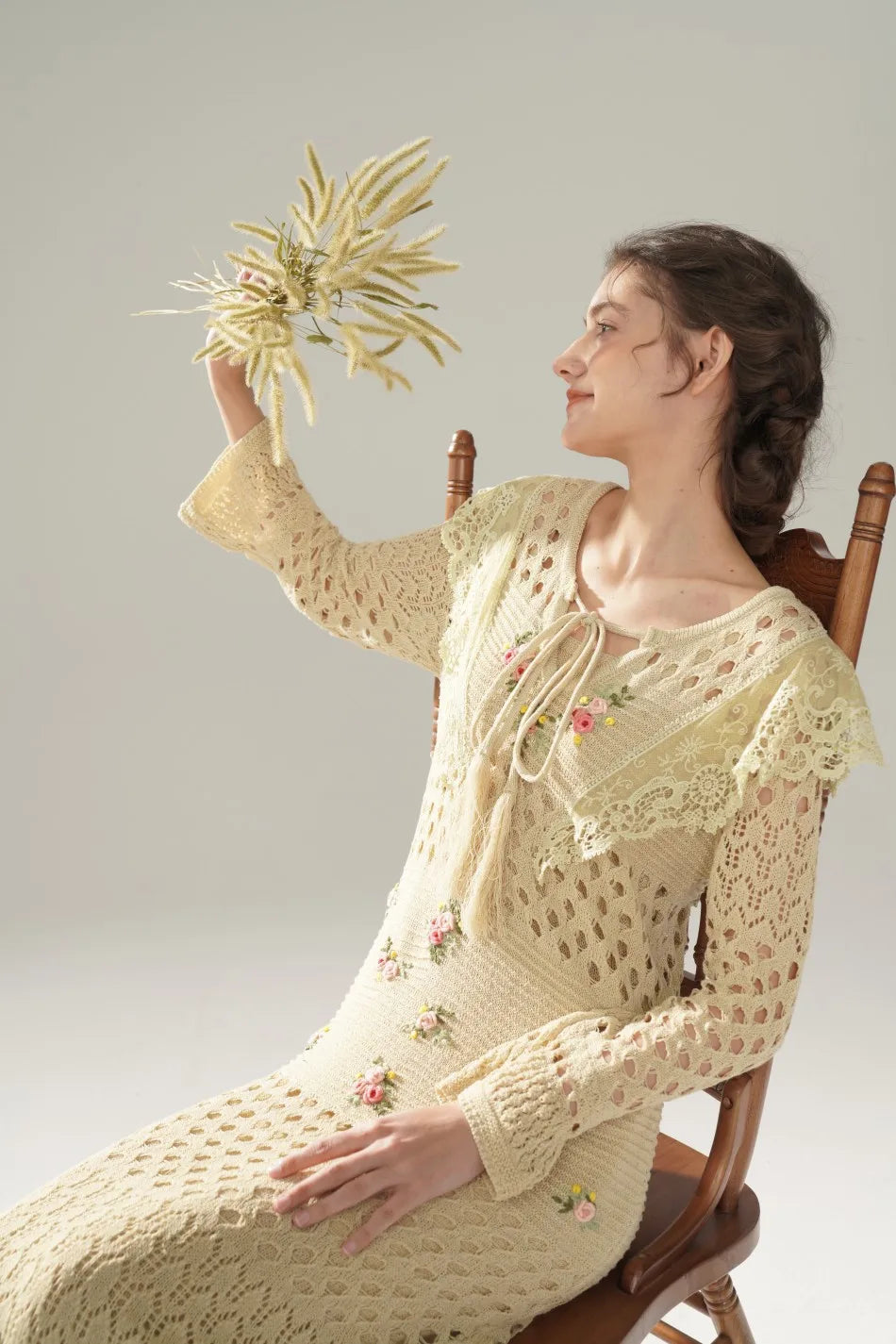 The Versailles Rose Knitted Fishtail | Hand-Embroidered Silk Blend Dress | French V-Neck Gown | Parisian Princess