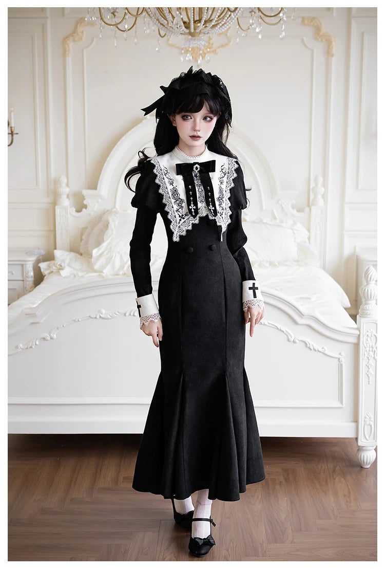 Original French Elegant Court Black Long Mermaid Dresses Op Autumn New Women's Slim Fit Lolita Long Sleeve Dress Gothic Dresses