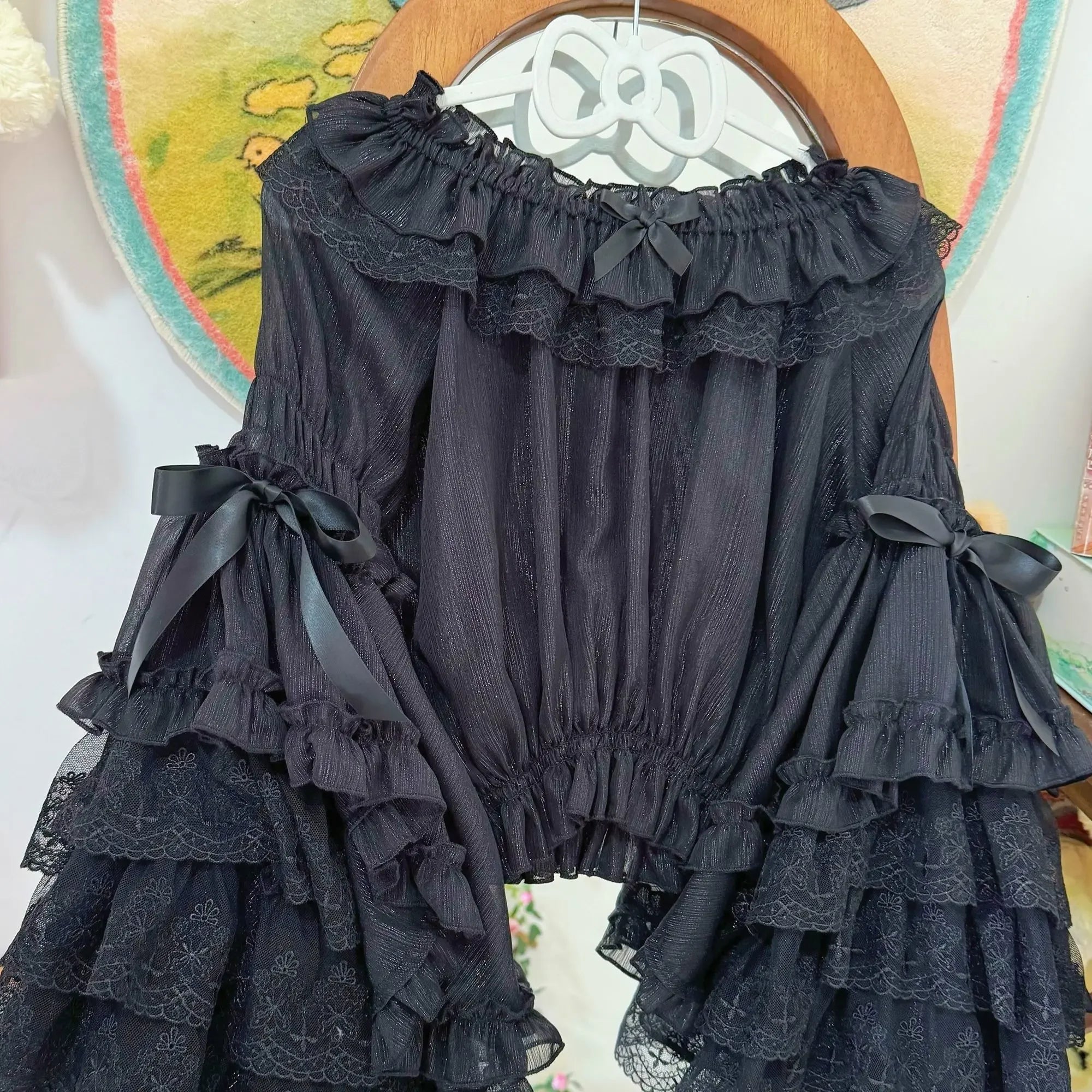 French Lolita Flare Sleeve Sweet Bow Shirt Parisian Aesthetic Slash Neck Lace Patchwork Blouse Women Loose Grunge Ruffled Blusas