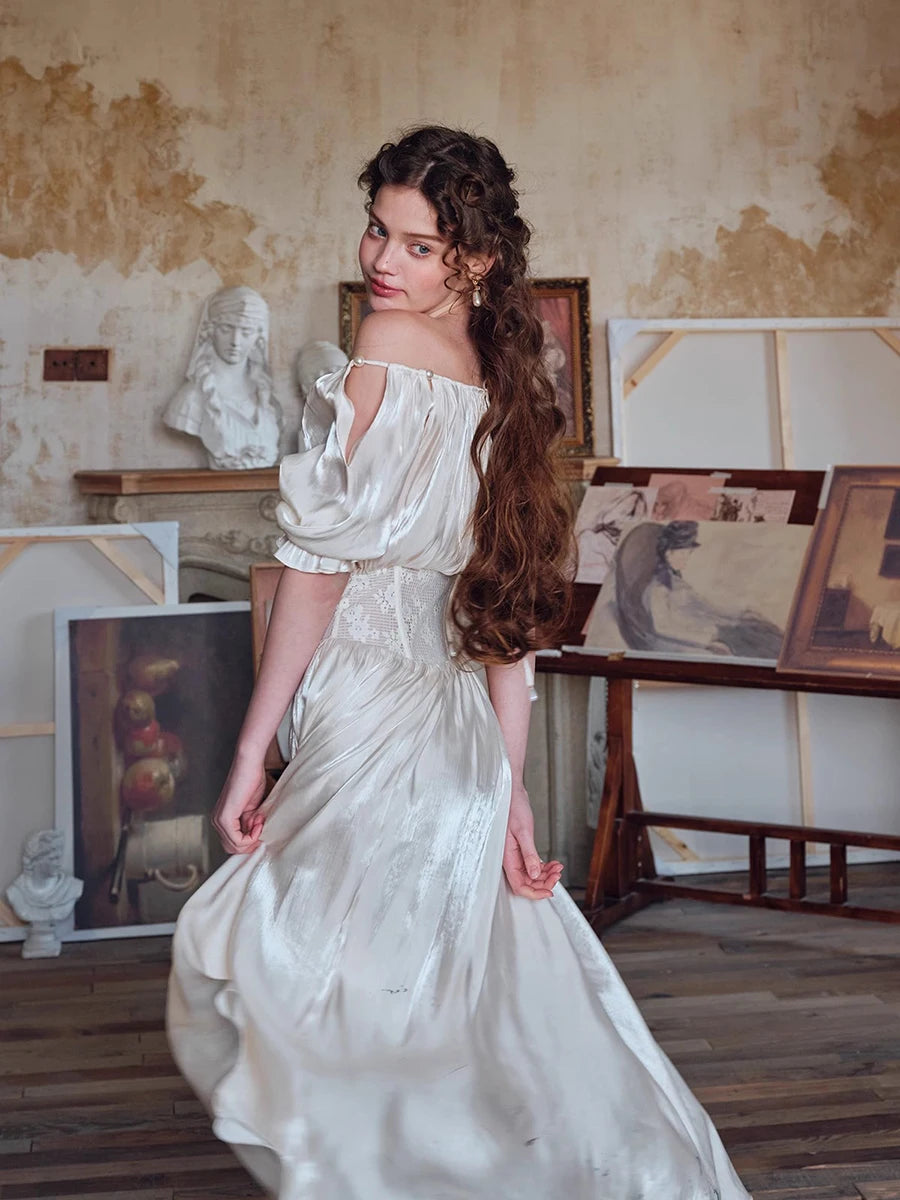 French Renaissance Women Hollow Lace Waist Trainer Dress Satin Glossy Puff Sleeve Midi Long Dress Party Fairy Summer Clothes