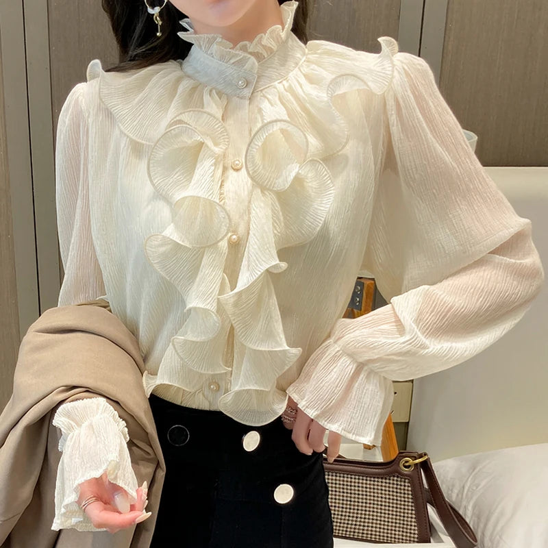 The Versailles Ruffled Chiffon Blouse | Stand Collar Lace Puff Sleeve | French Vintage Shirt | Parisian Princess