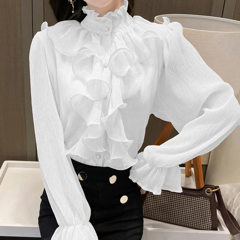 The Versailles Ruffled Chiffon Blouse | Stand Collar Lace Puff Sleeve | French Vintage Shirt | Parisian Princess