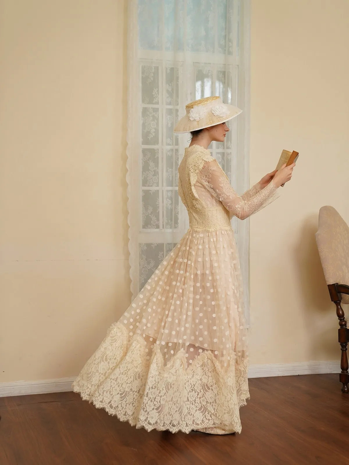 The Tuileries Celestial Gown | Sequined Beaded Lace Maxi Dress | French Vintage High Waist Gown | Parisian Princess
