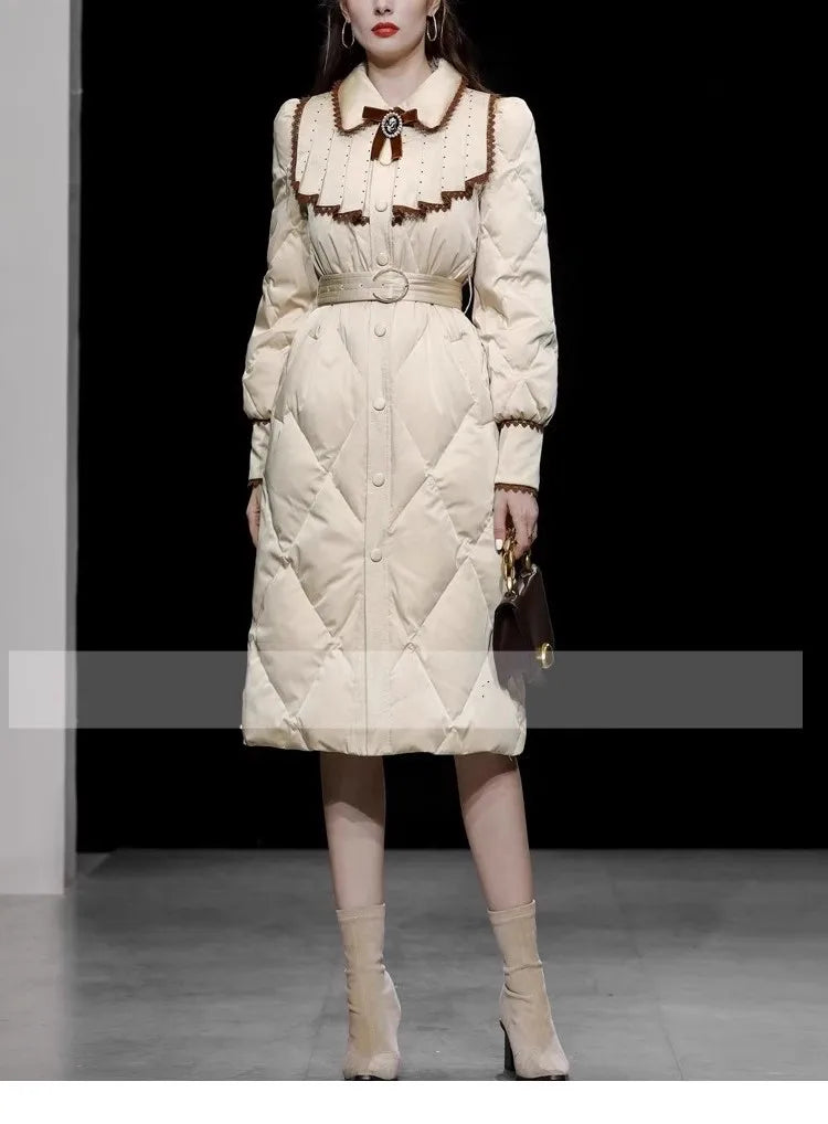 The Grand Trianon Gown Coat | Parisian Longline Bow-Waist Puffer | Elegant Doll Collar Lace-Up Down Jacket | Parisian Princess