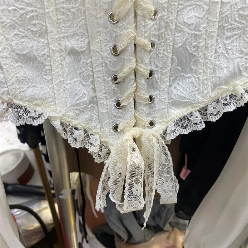 ParisianLace Strap Shirt Women Fashion Print Splice Temperament Gentle Sweet Solid Slim O-neck Spring Chic Female Top 2024