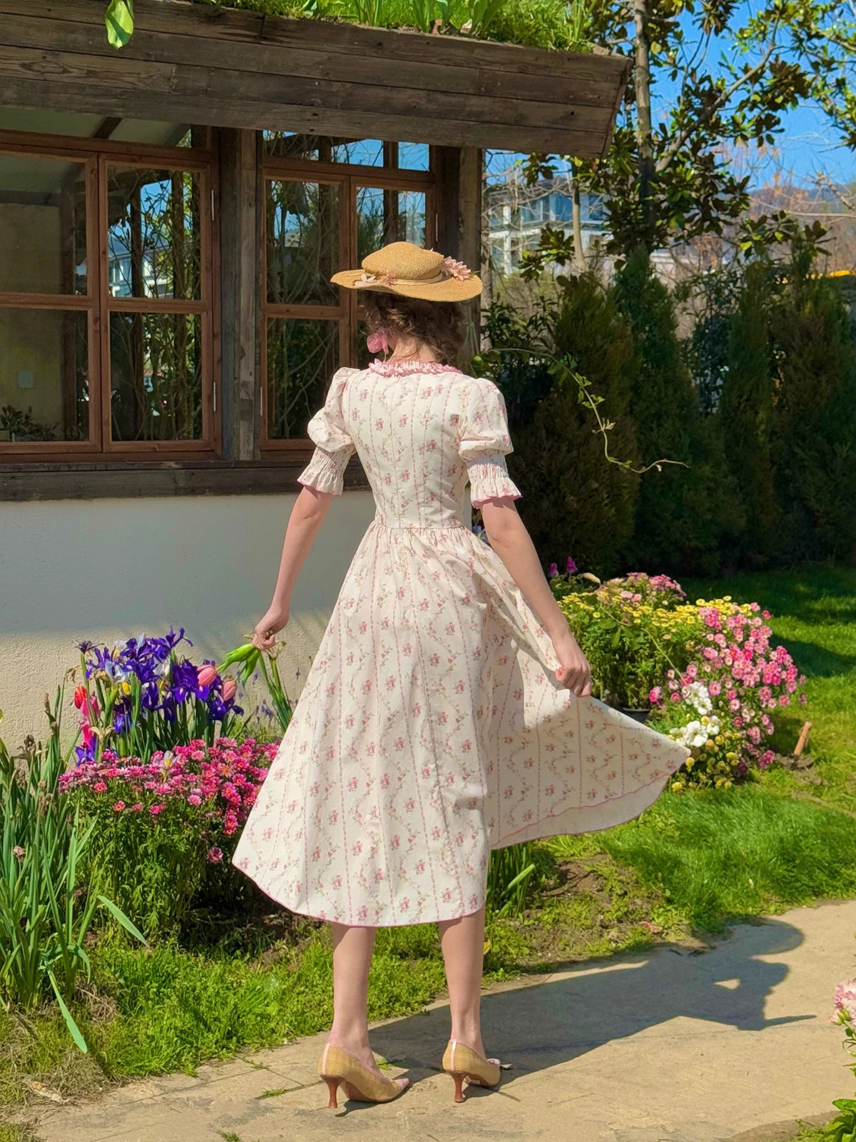 The Giverny Floral Cotton Gown | Square Neck Puff Sleeve Midi | French Countryside Prairie Dress | Parisian Princess
