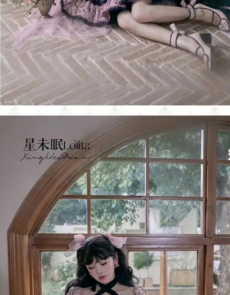 Dophee Original Lolita Flower Wedding Dress Set Gothica Black Pink JSK Dress Elegant Ruffles Mesh Spring Summer OP Dress