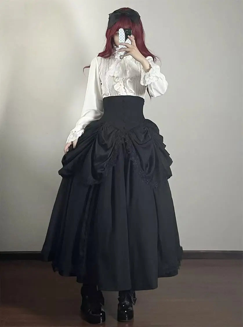 Niche Gothic Style Lolita Skirt Dark Black Wave Flower Edge Women Banquet Gown Vintage Halloween Carnival Event Cosplay Costume