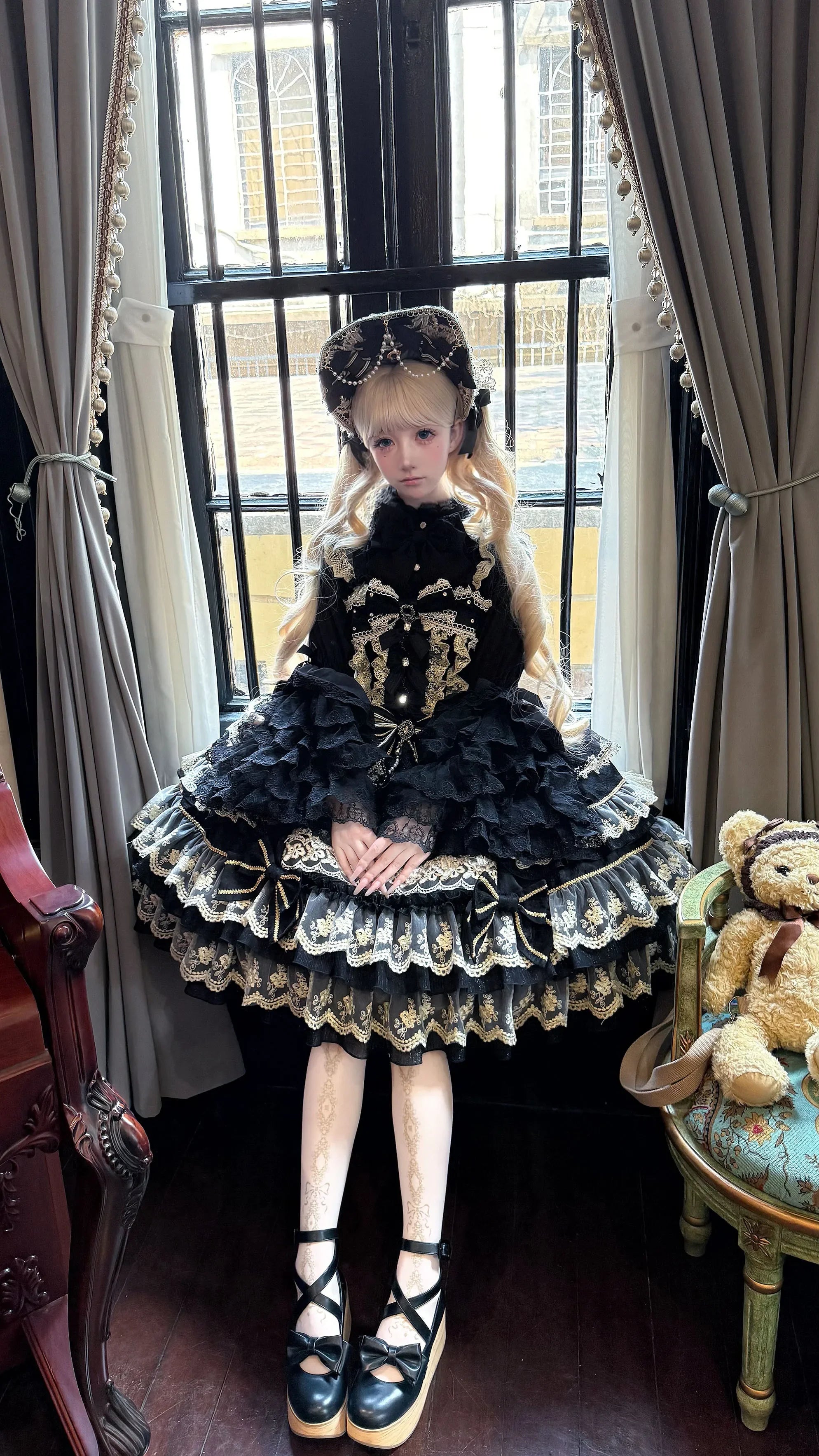 Original Gothic Cos Suspender Dress Jsk Summer New Female Slim-Fit Elegant Cute Bow Cake Dresses Women's Lolita Birthday Dress