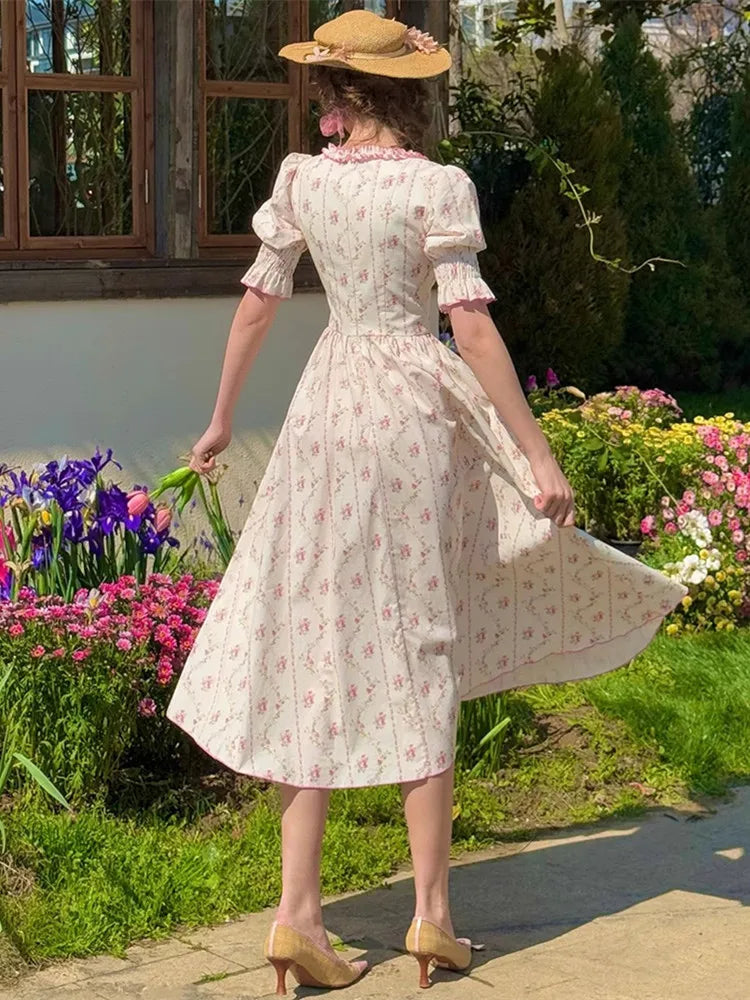 The Giverny Floral Cotton Gown | Square Neck Puff Sleeve Midi | French Countryside Prairie Dress | Parisian Princess
