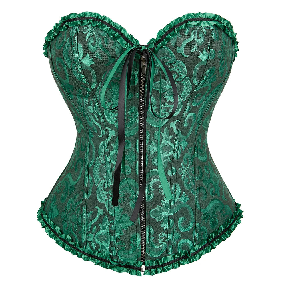 Sexy Lace Overbust Corset Top Women Vintage Satin Bow Bustier Lingerie With Zipper Plus Size Body Shaper Burlesque Corsets