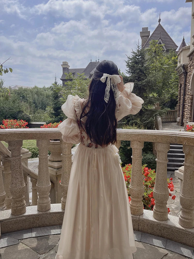The Trianon Fairy Midi | Vintage Floral Puff Sleeve Prom Dress | Elegant Luxury Print Summer Gown | Parisian Princess