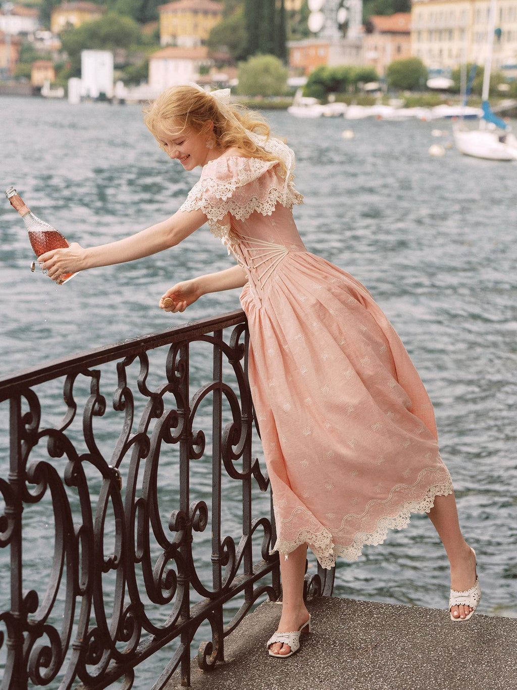 80-102cmSummer Pink Birthday Party Long Dress Women Vintage ElegantSlim Sexy Boat Neck Hollow Out Embroidery Lace Fishbone Dress