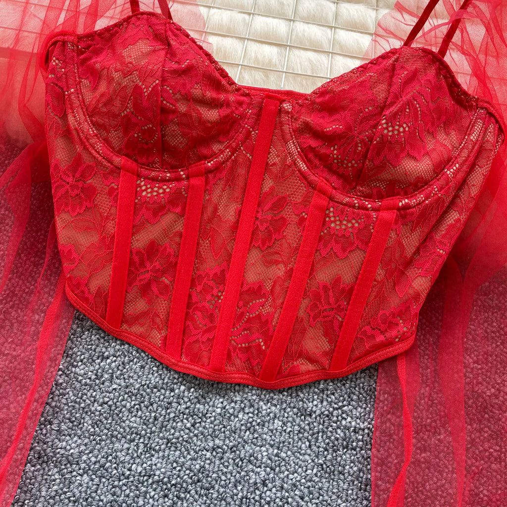 Women Chic Lace Mesh Sheer  Long Sleeve Backless Crop Top Solid Slim Parisian French Fashion Summer Women Shirt Square Collar