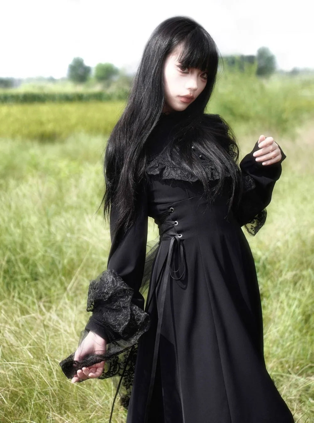 Coalfell French Gentle Heavy Engineering Dress Design Fall and Winter Long-sleeved New Waist Lace Thin Temperament Long Dress