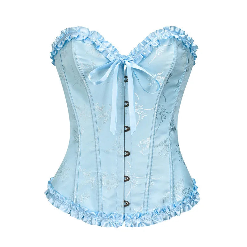 Yellow Jacquard Ruffled Trim Boned Sexy Overbust Push Up Bustier Top Corset Mujer Slimming Corsets For Women Sexy Gothic Clothes