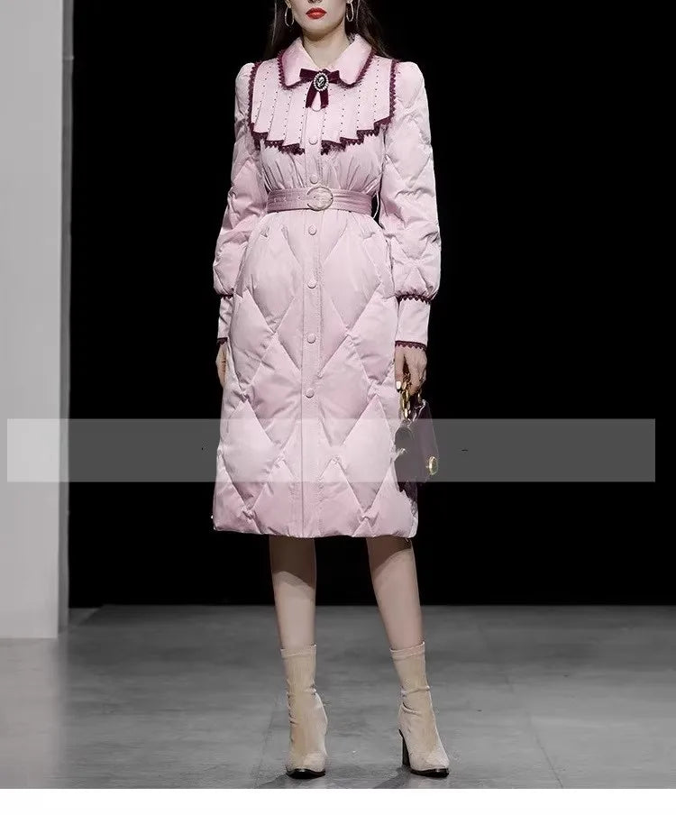 The Grand Trianon Gown Coat | Parisian Longline Bow-Waist Puffer | Elegant Doll Collar Lace-Up Down Jacket | Parisian Princess