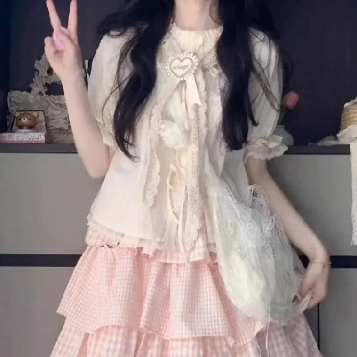 Cute Sweet Sister Classic Parisian Outfit Women's Plaid Ribbon Tied Shirt And Knee-Length Cake Skirt Two-Piece Set