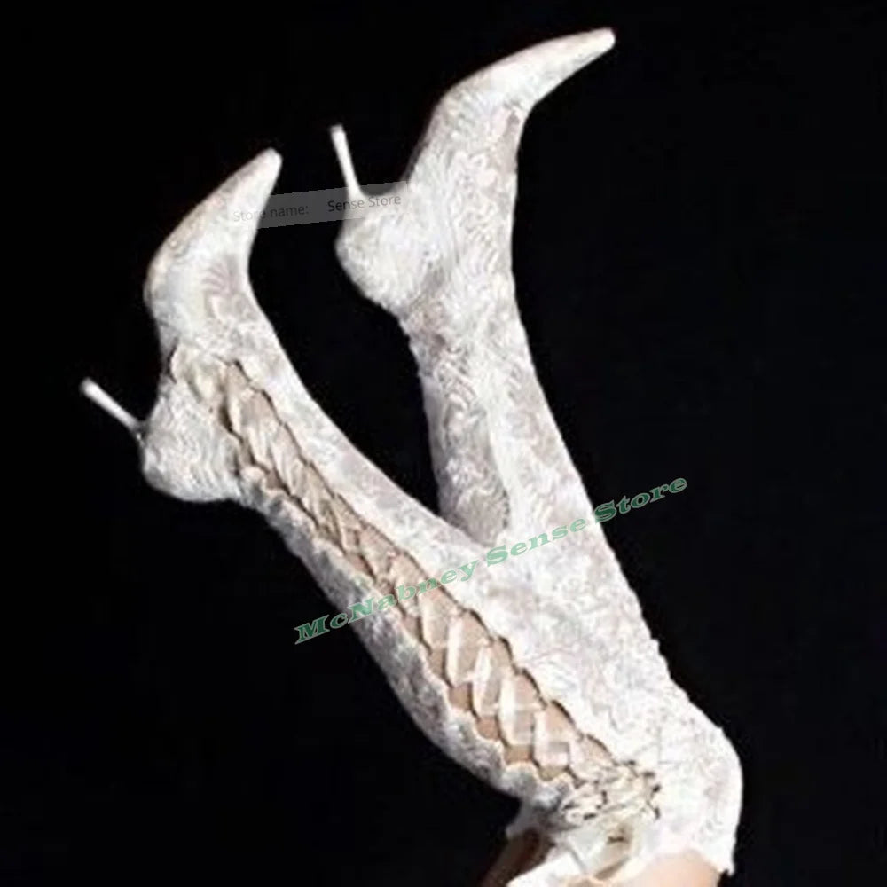 Le Queen Lace Lace-Up Mesh Stiletto | Hollow Pointed Toe Knee-High Boot | Summer Party Heels | Parisian Princess