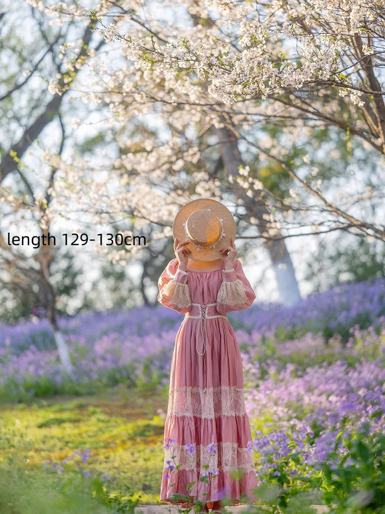 Parisian Long Maxi Women Ladies Dress Full Lantern Sleeve Pink Lace Patchwork 2025 New S-XL Spring Autumn Summer Square Collar