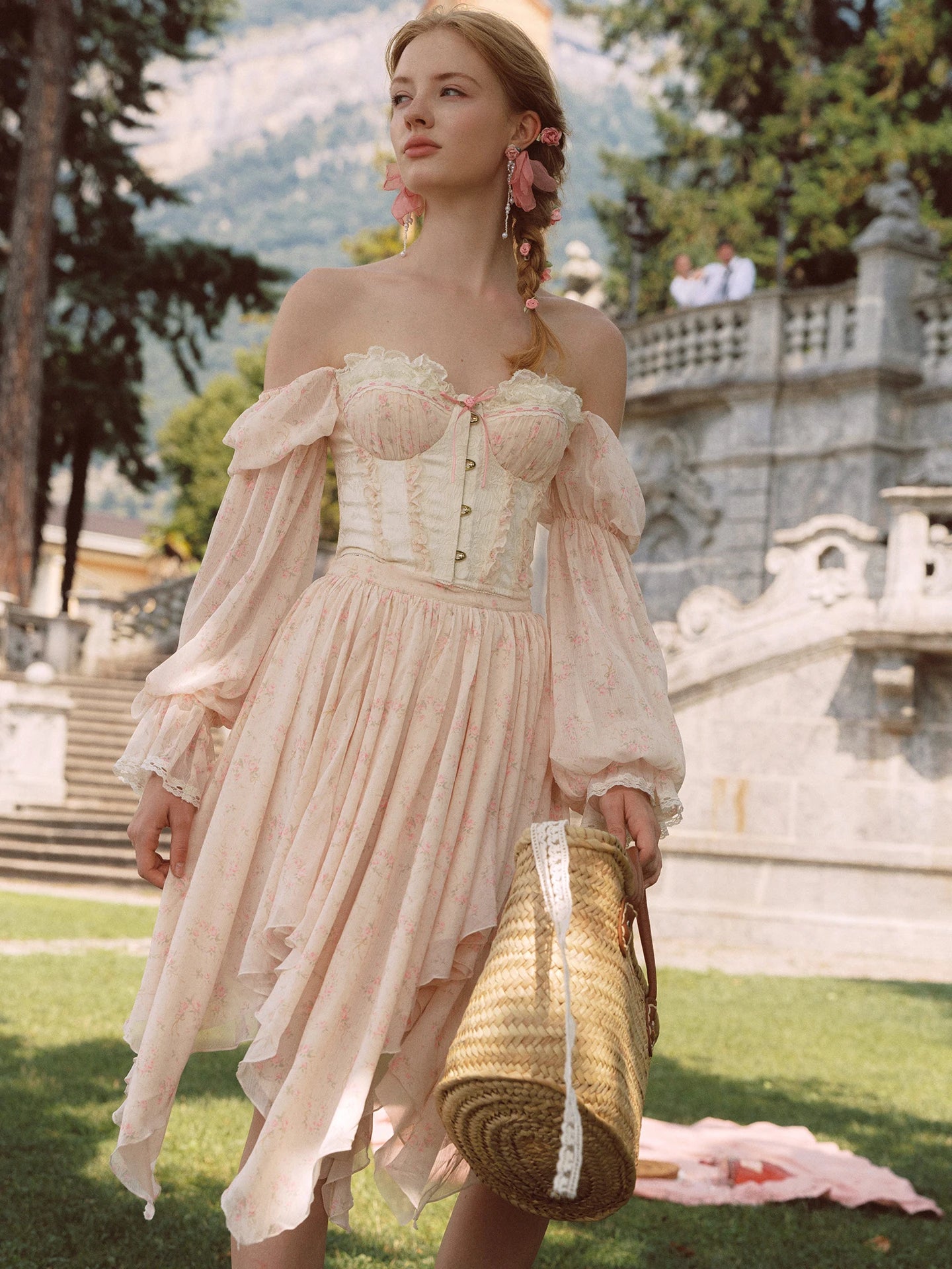 Parisian Corsets Tops Shirts/Skirt Set Women Vintage Elegant Slim French Vacation Style Floral Long Sleeved Fishbone Tops