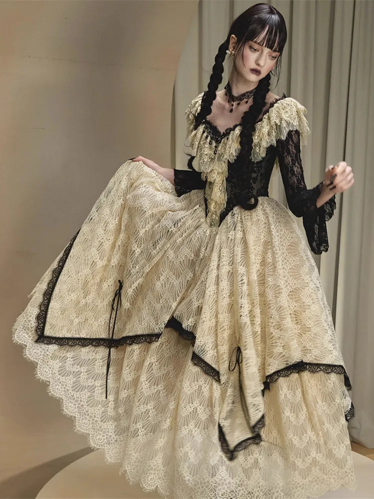 Parisian Lace Maxi Dresses Women Vintage Elegant Slim Luxury Lace Fishbone Dress Birthday Party Evening Dresses