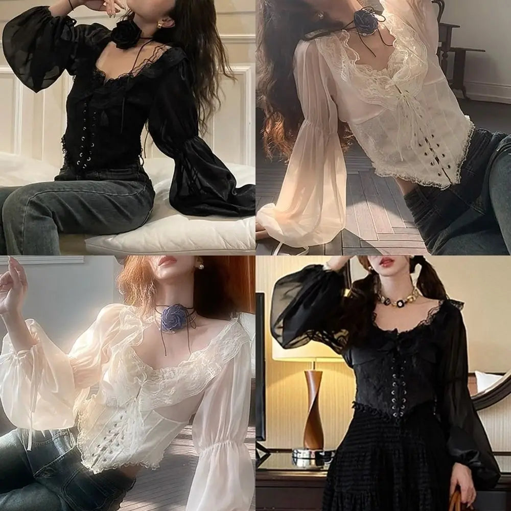 The Élodie Chiffon Manteau | Parisian Ruffled Lace Blouse | Retro Mesh Lantern Sleeve Top | French Riviera Vacation Blouse