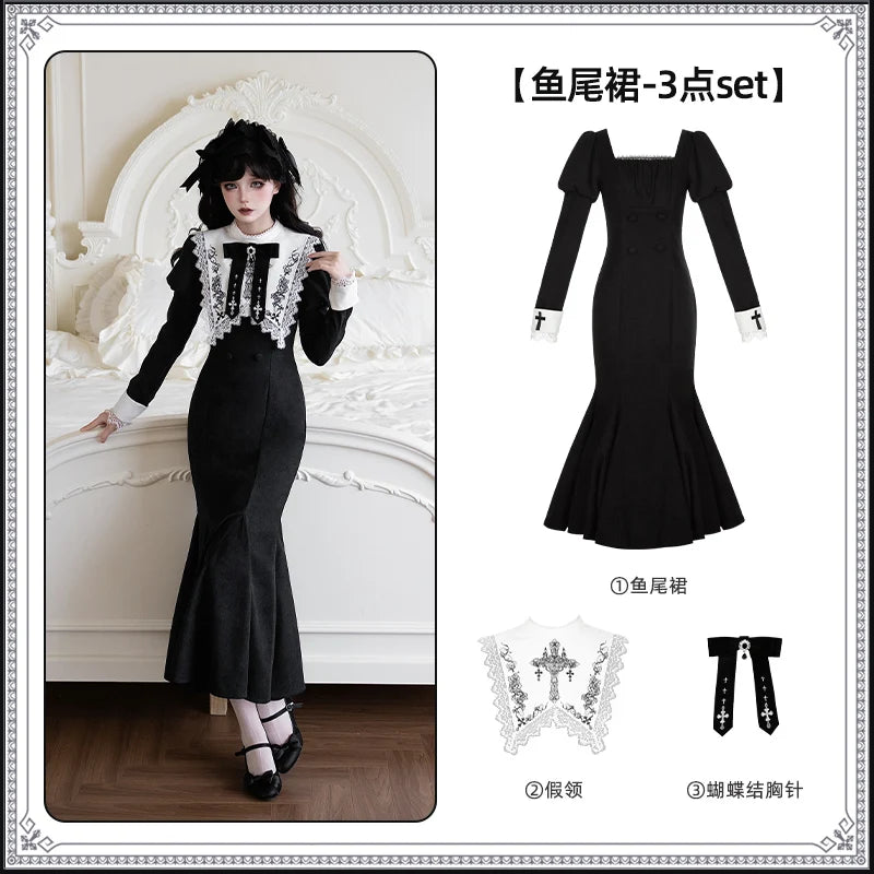 Original French Elegant Court Black Long Mermaid Dresses Op Autumn New Women's Slim Fit Lolita Long Sleeve Dress Gothic Dresses