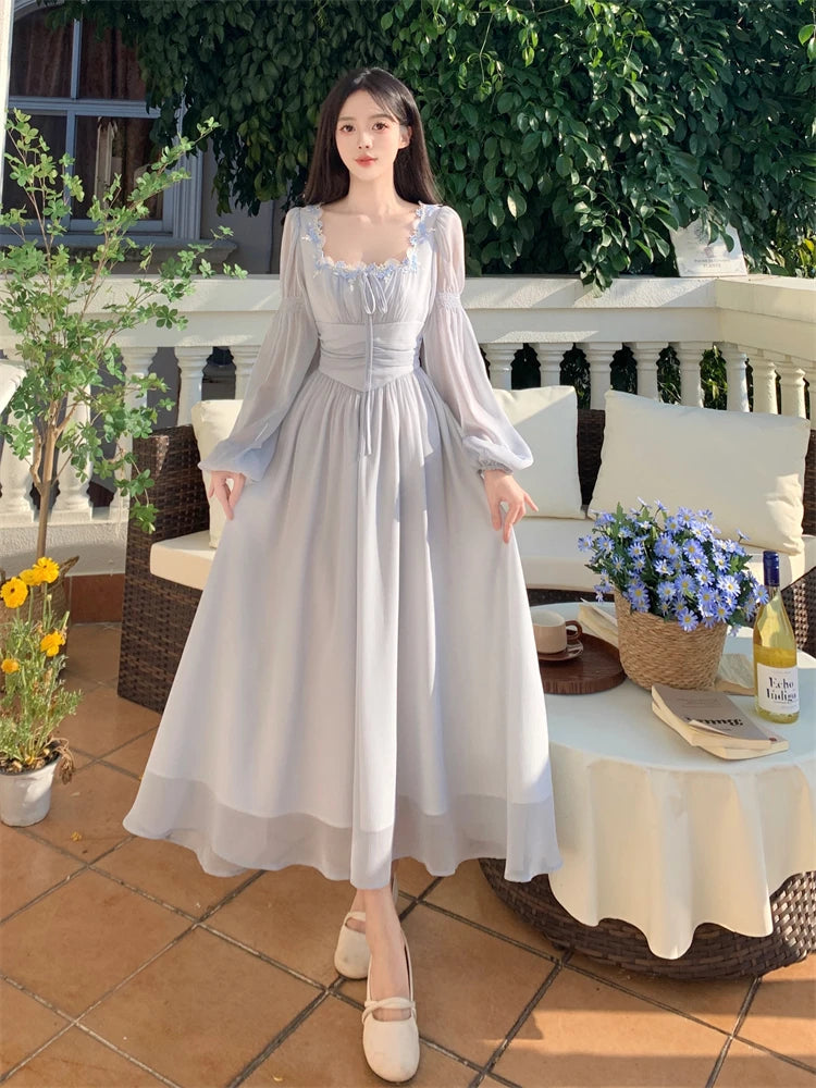 Parisian Cottagecore Woman Dress Vintage Romantic Solid Chiffon Lantern Sleeve Fairy Princess Dresses For Date Party Night Faldas
