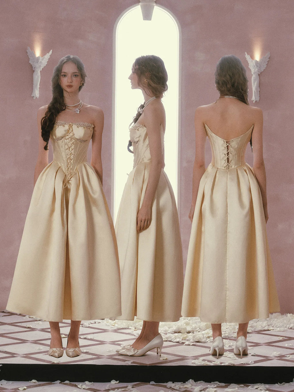The Lemondrop Love Belle Gown | French Chic Elegant Slim Lace Corset Dress | Strapless Empire Waist Satin Maxi | Parisian Princess