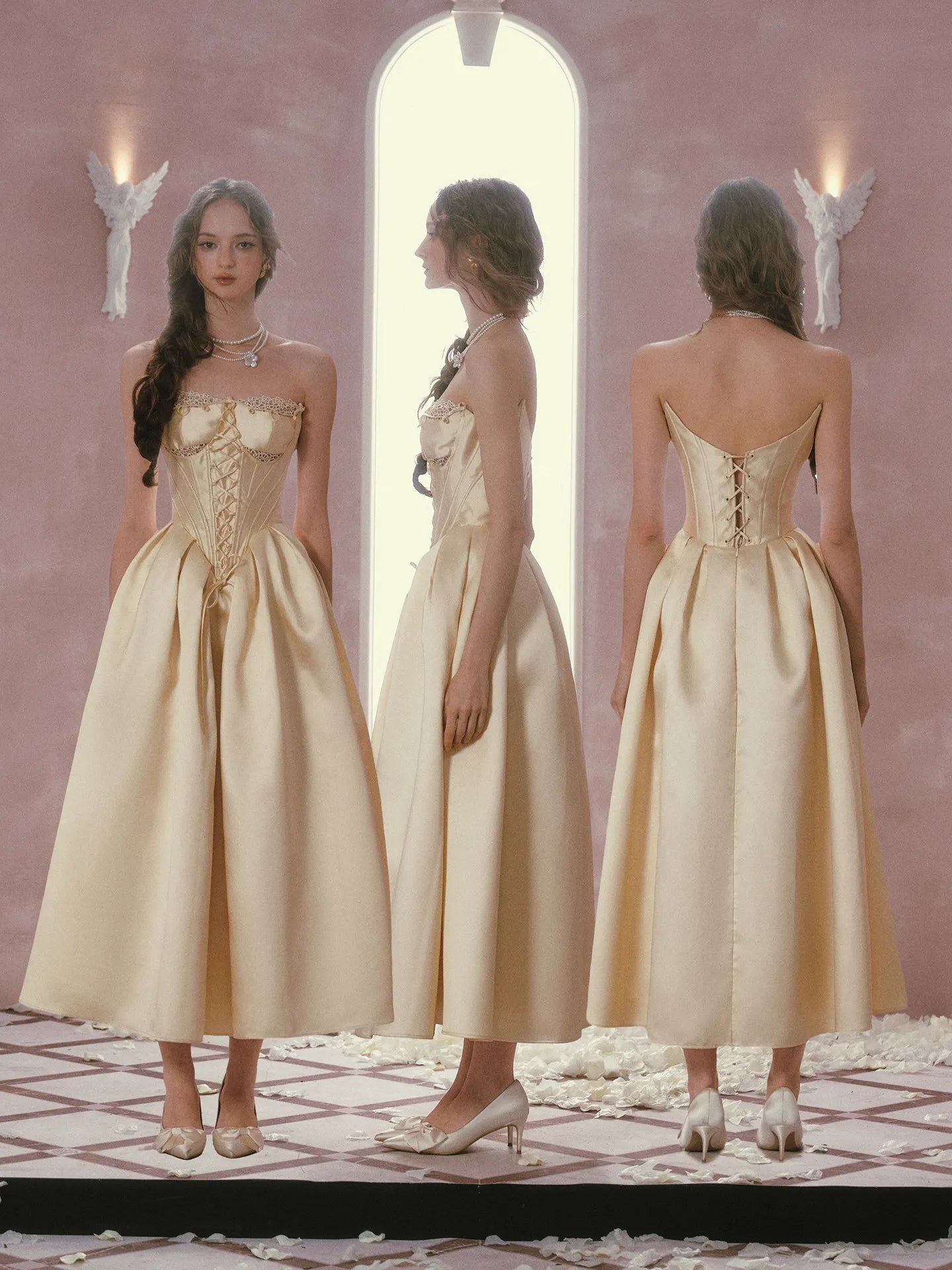 The Lemondrop Love Belle Gown | French Chic Elegant Slim Lace Corset Dress | Strapless Empire Waist Satin Maxi | Parisian Princess