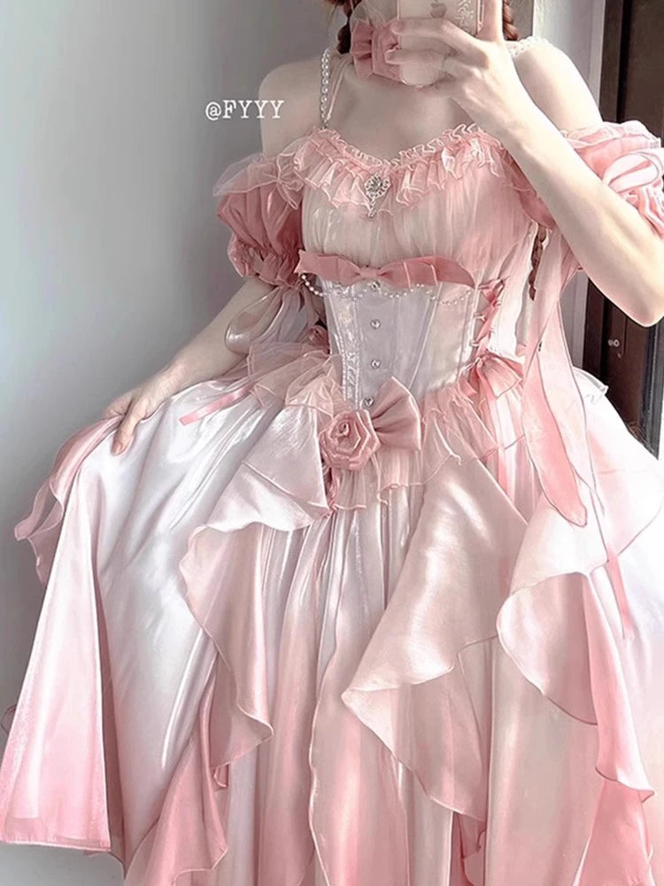 The Versailles Fairy Pink Bow Gown | Off-Shoulder Lolita Wedding Dress | Empire Waist Fairy Princess Maxi | Parisian Princess