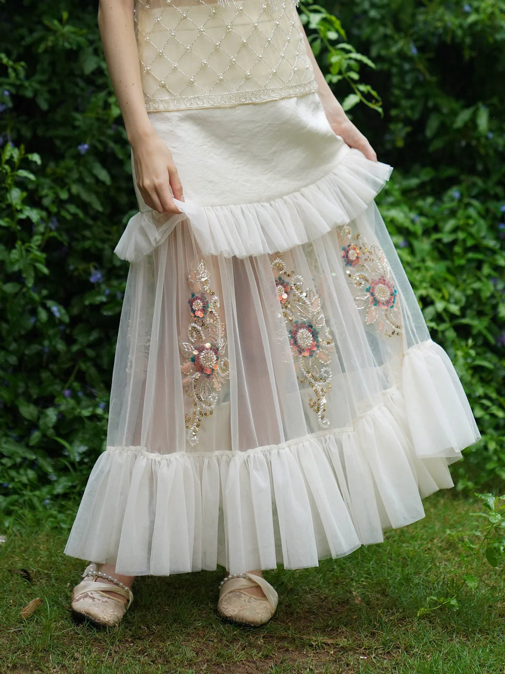 The Aurelia Beaded Gauze Skirt | Hand-Stitched Apricot Maxi | French Flounce Skirt with Ear Fringe | Parisian Princess