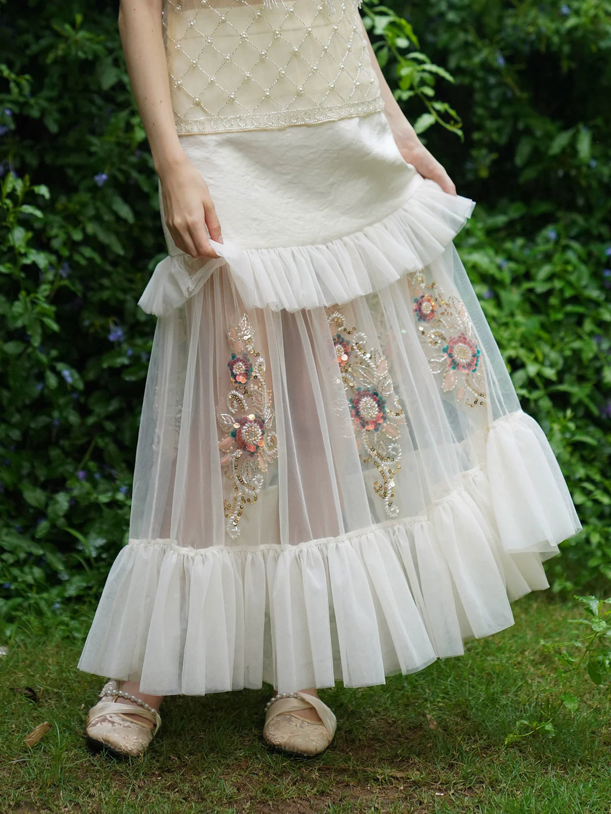The Aurelia Beaded Gauze Skirt | Hand-Stitched Apricot Maxi | French Flounce Skirt with Ear Fringe | Parisian Princess