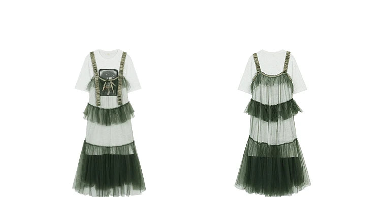 The Toulouse Cotton Lace Dress Set | Sweet Cool Printed T-Shirt & Spliced Maxi | Two-Piece Mesh Dress | Parisian Princess