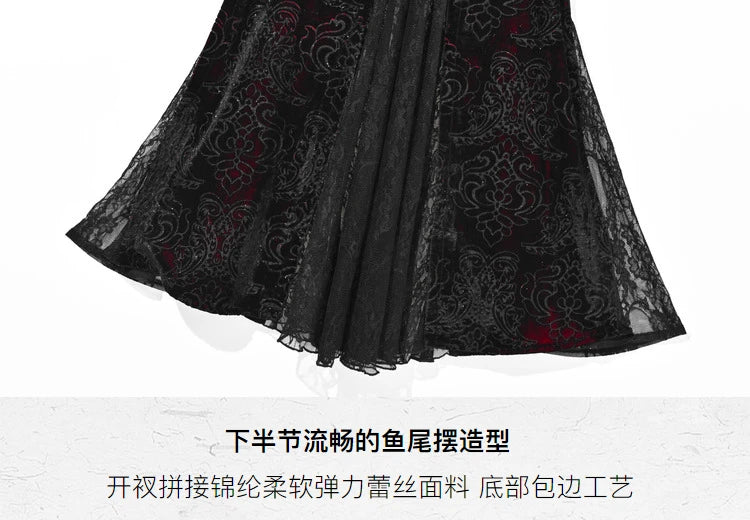 Gothica Original Design Vampire Black Red Dress Lace Patch Gothic Velvet Trumpet Sleeveless Sexy X-Long Dress Halloween