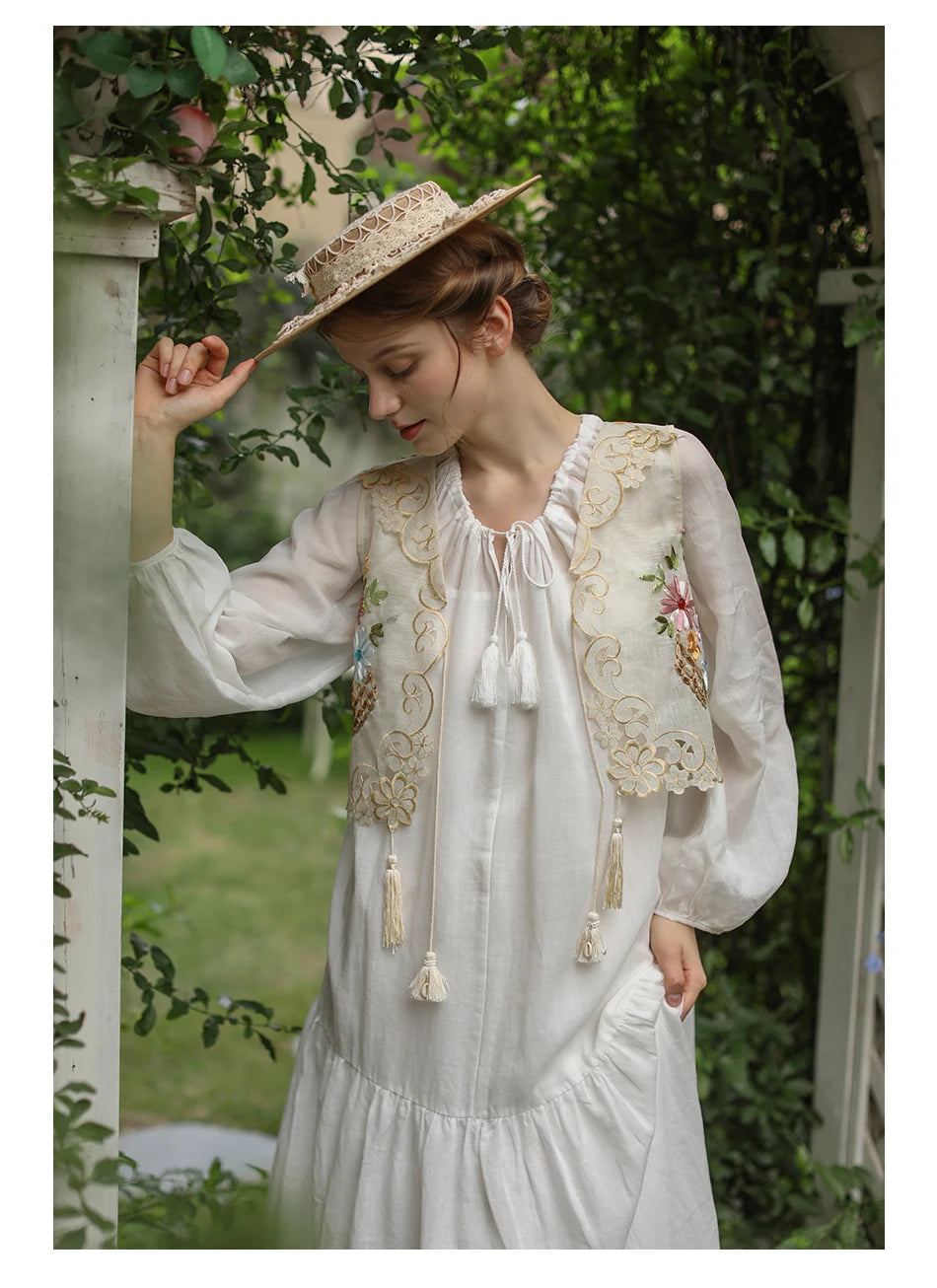 The Antoinette Tassel Embroidery Vest | French Antique Floral Cotton Gilet | Open-Stitch V-Neck | Parisian Princess
