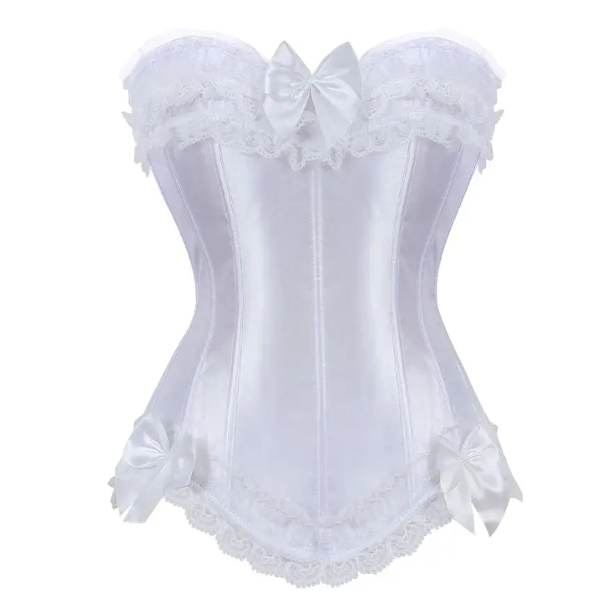 Sexy Lace Overbust Corset Top Women Vintage Satin Bow Bustier Lingerie With Zipper Plus Size Body Shaper Burlesque Corsets