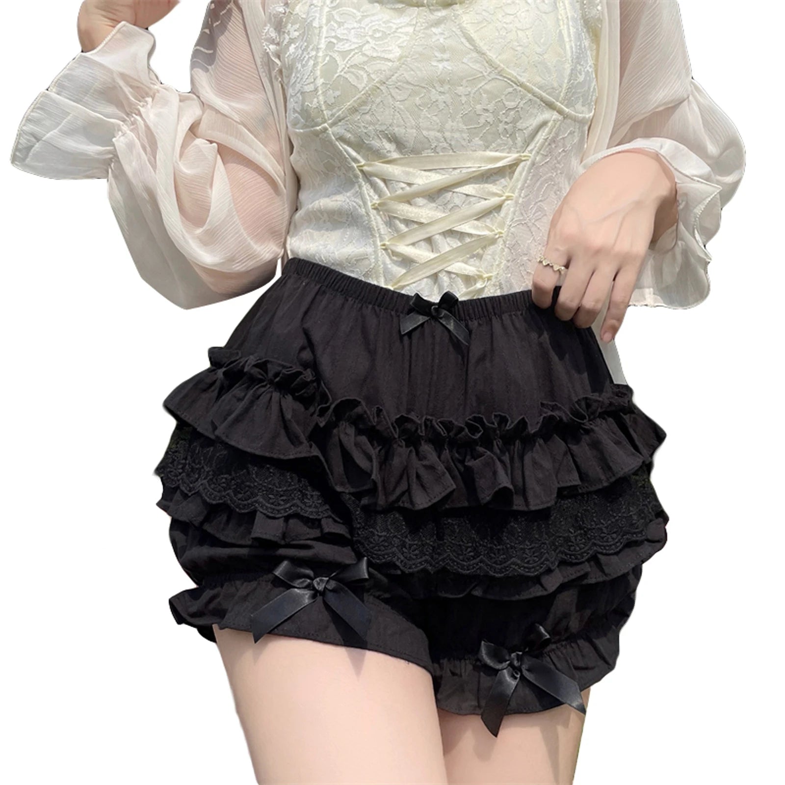 Women s Fashion Bloomers Shorts Lace Layered Ruffle Bowknot Elastic Waist Short Pants Summer Casual Shorts
