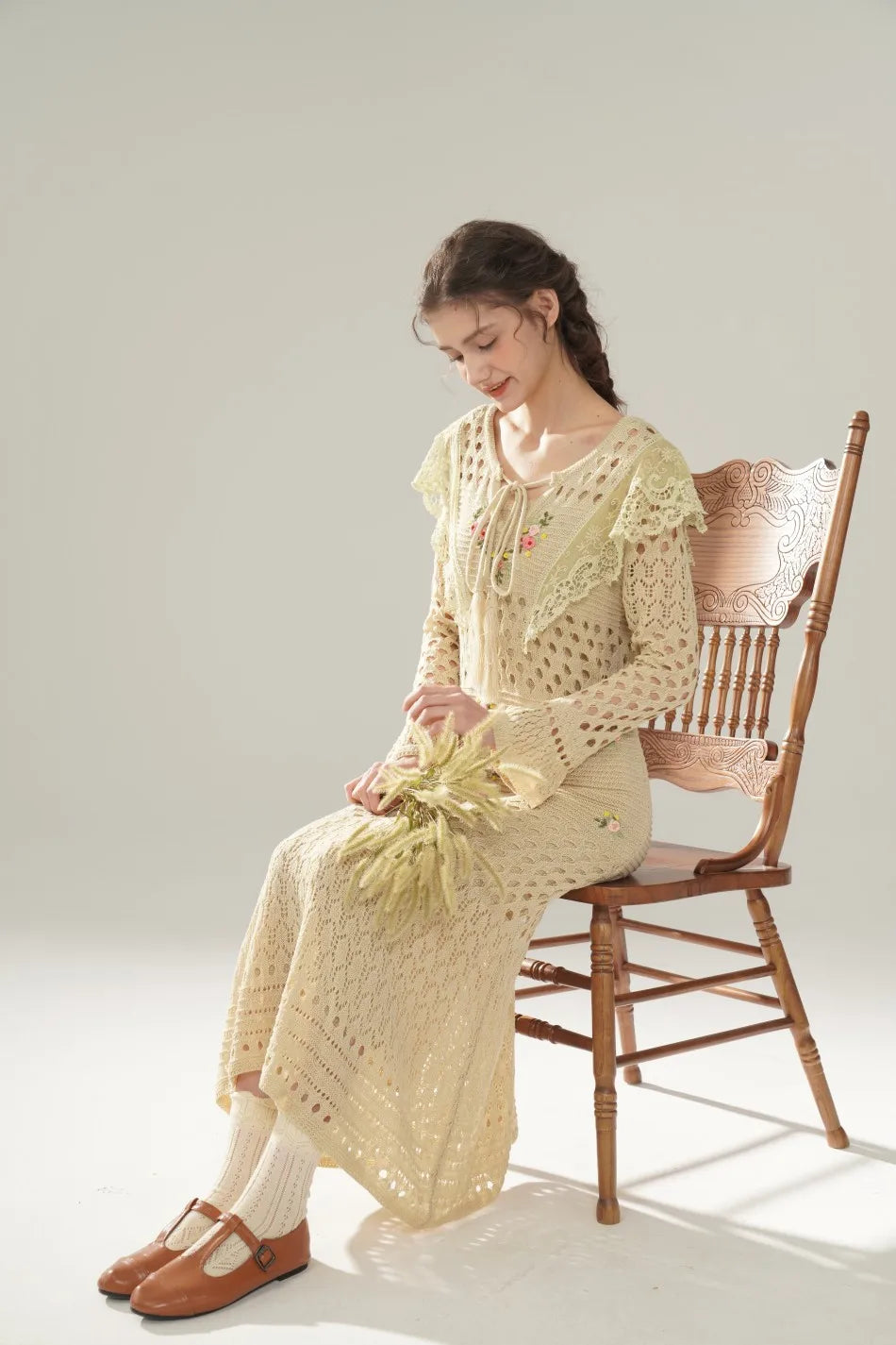 The Versailles Rose Knitted Fishtail | Hand-Embroidered Silk Blend Dress | French V-Neck Gown | Parisian Princess
