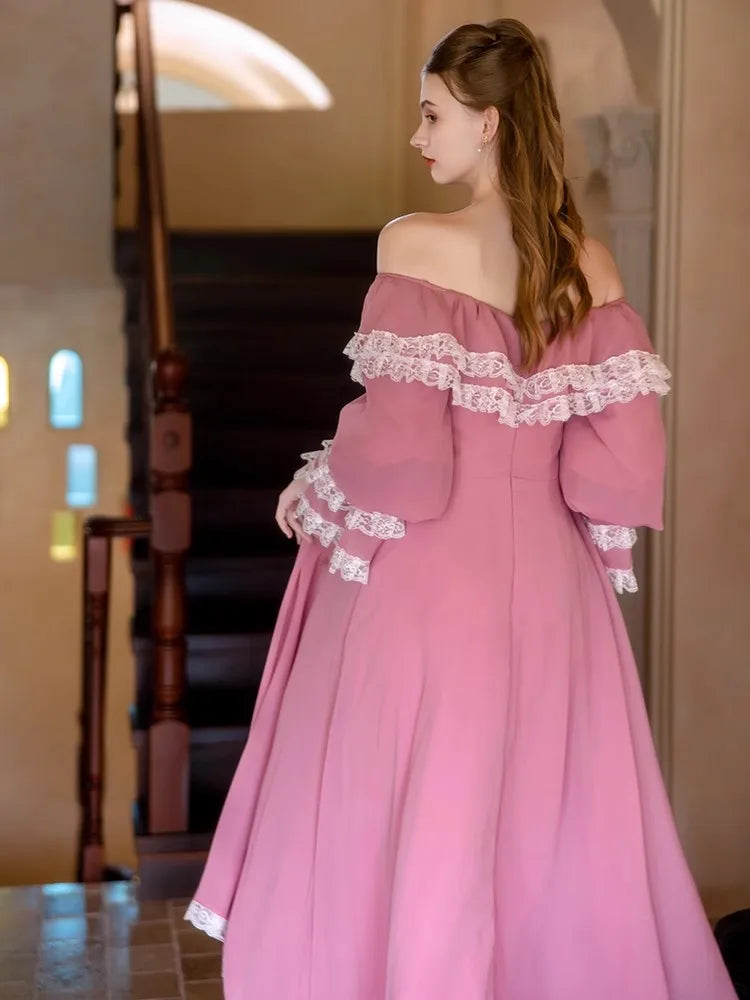 Parisian Maxi Dresses For Women Vintage Elegant Slim Sexy Lace V-Neck Long Lantern Sleeve Princess Dresses