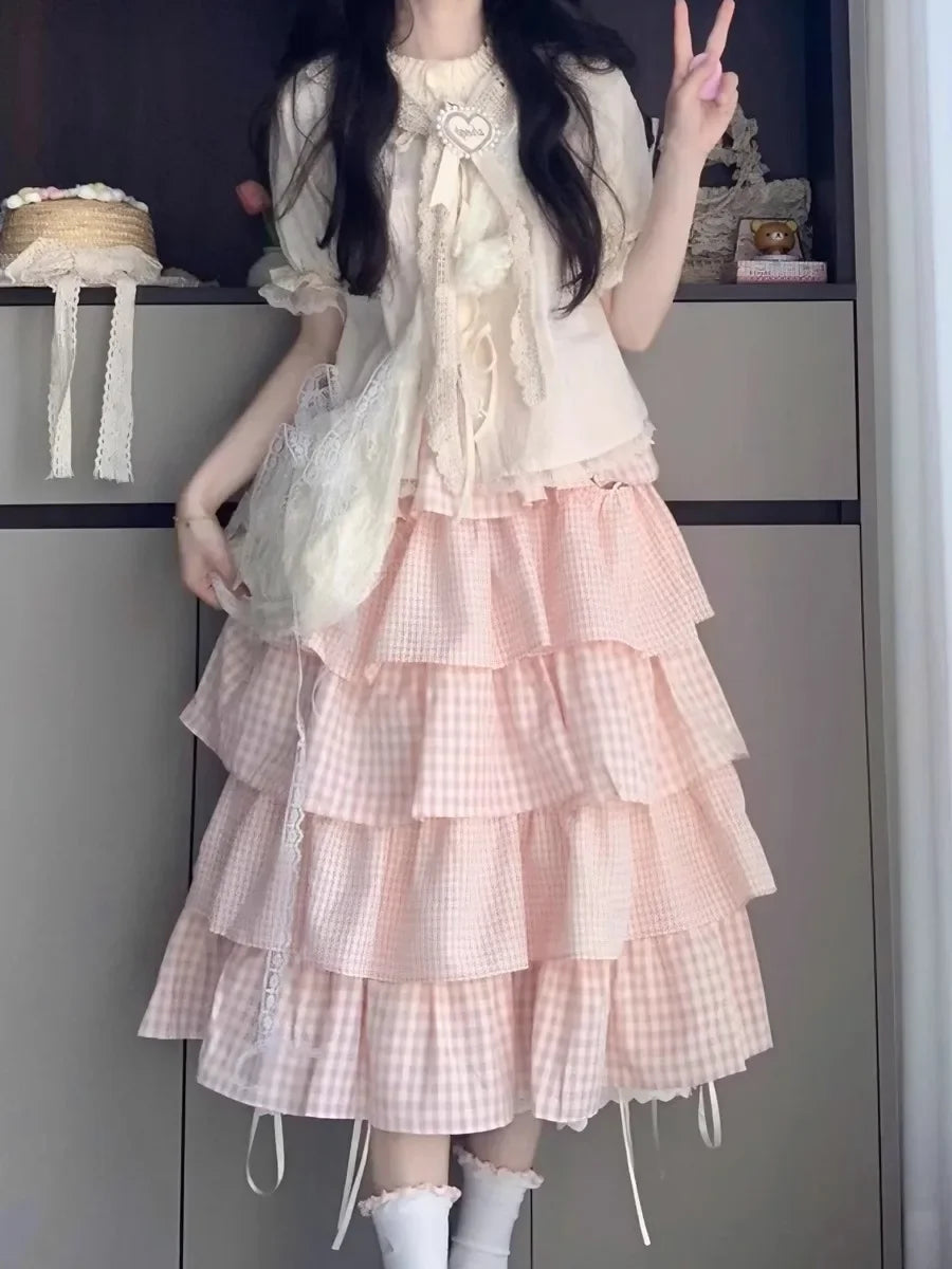 Cute Sweet Sister Classic Parisian Outfit Women's Plaid Ribbon Tied Shirt And Knee-Length Cake Skirt Two-Piece Set