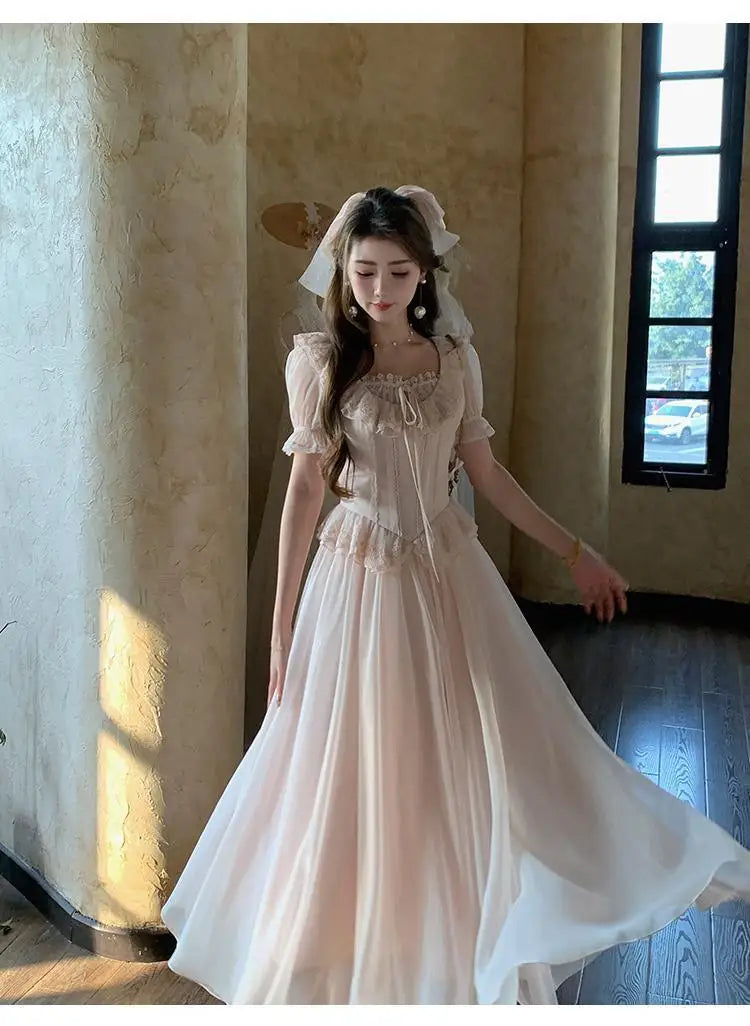 Timeless Signature Parisian Blush Pink Lace Dress French Couture Puff Sleeve Sweet Elegant Max