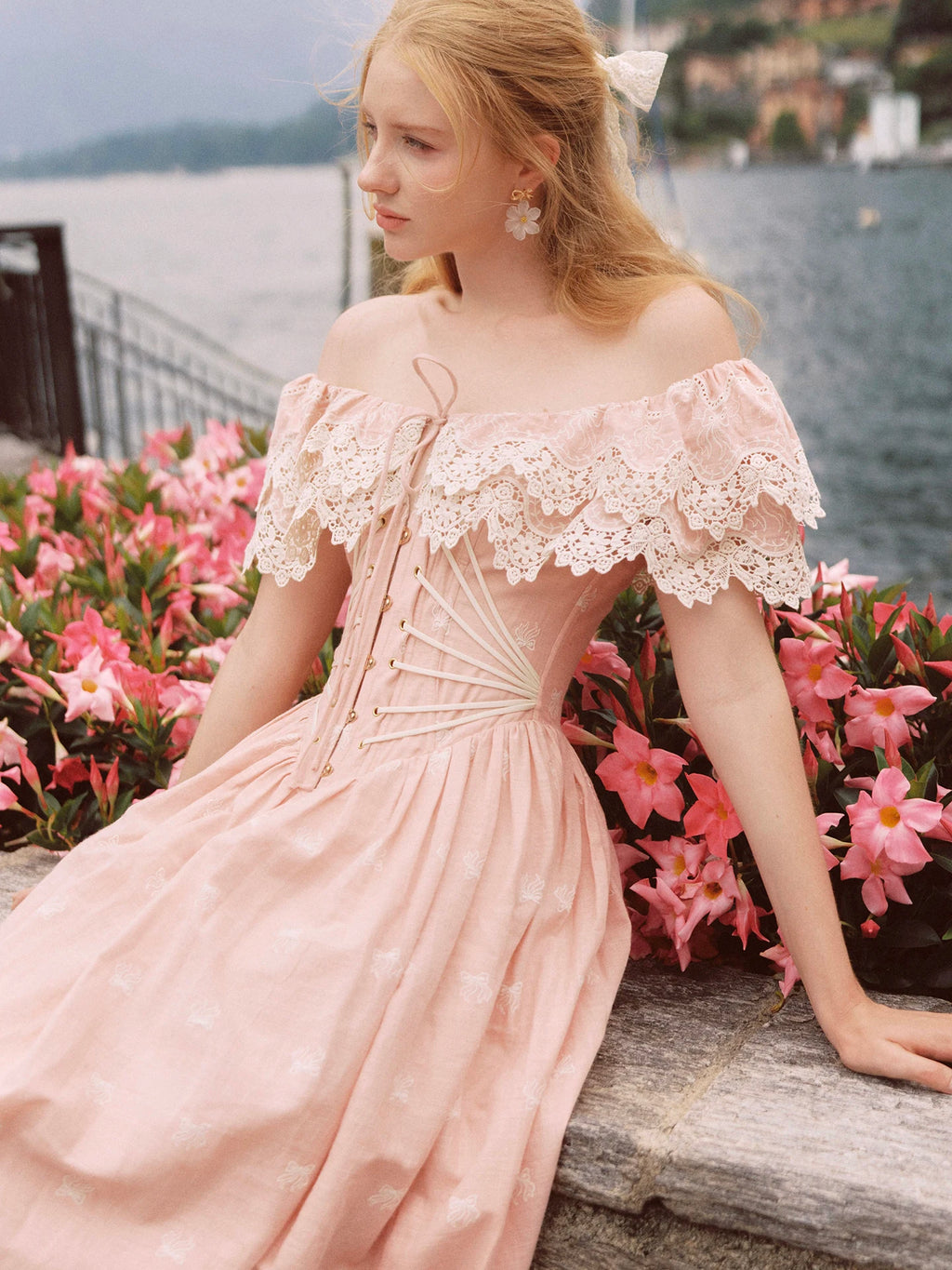 80-102cmSummer Pink Birthday Party Long Dress Women Vintage ElegantSlim Sexy Boat Neck Hollow Out Embroidery Lace Fishbone Dress