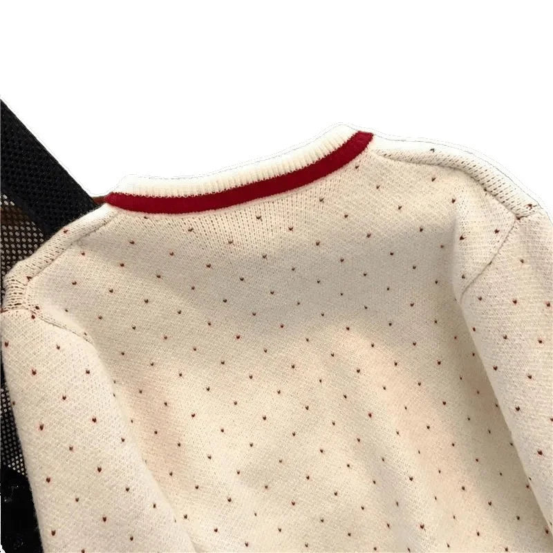 Red Polka Dot Short Knitted Sweater Coat Women's Spring Design Sense Self-Preserving Style Full Sleeve round Neck Top