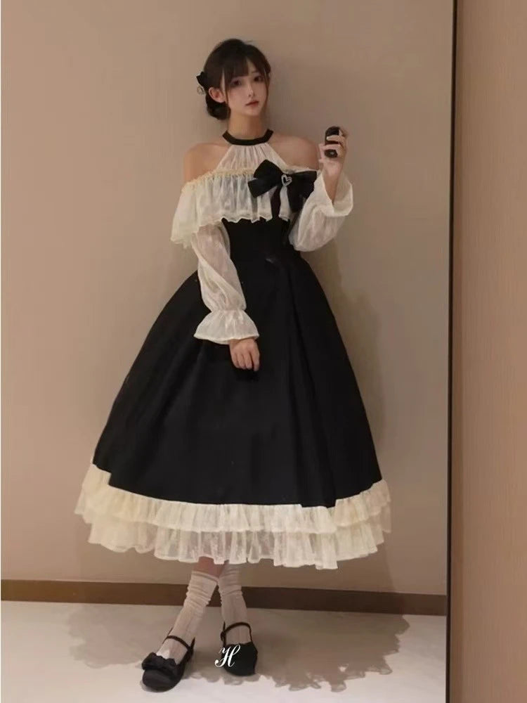 Parisian Elegant Lolita Dress Women Slimming Kawaii Bowknot Long Sleeve Dresses 2025 New Autumn Winter Fashion Casual Outfits