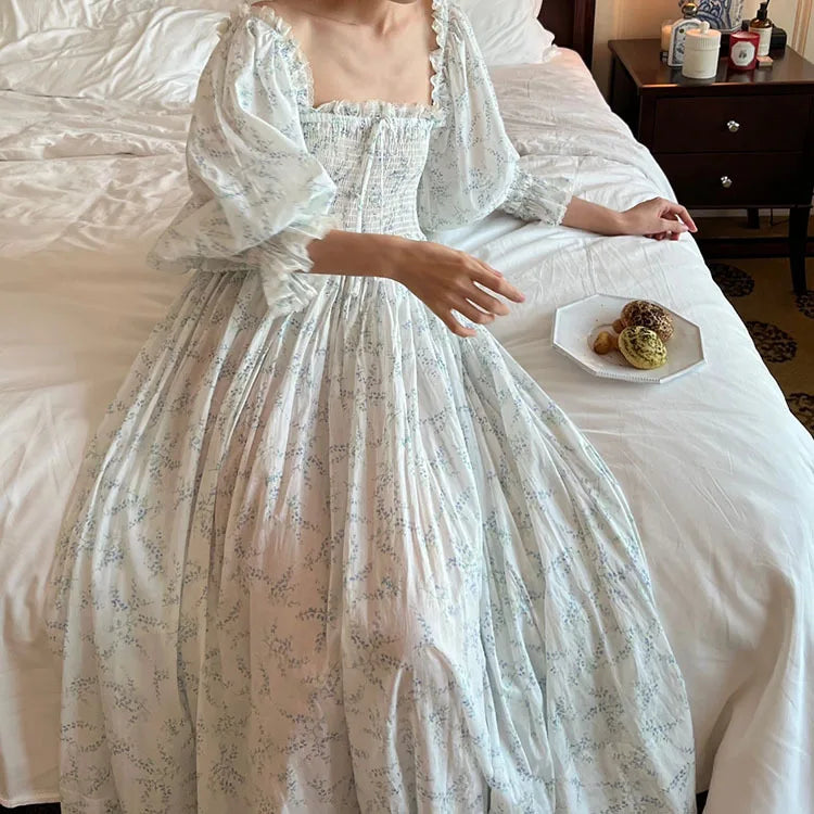 100% Cotton French Fairy Printed Nightgown French Retro Girl Sweet Home Outfit Long Nightdress Women