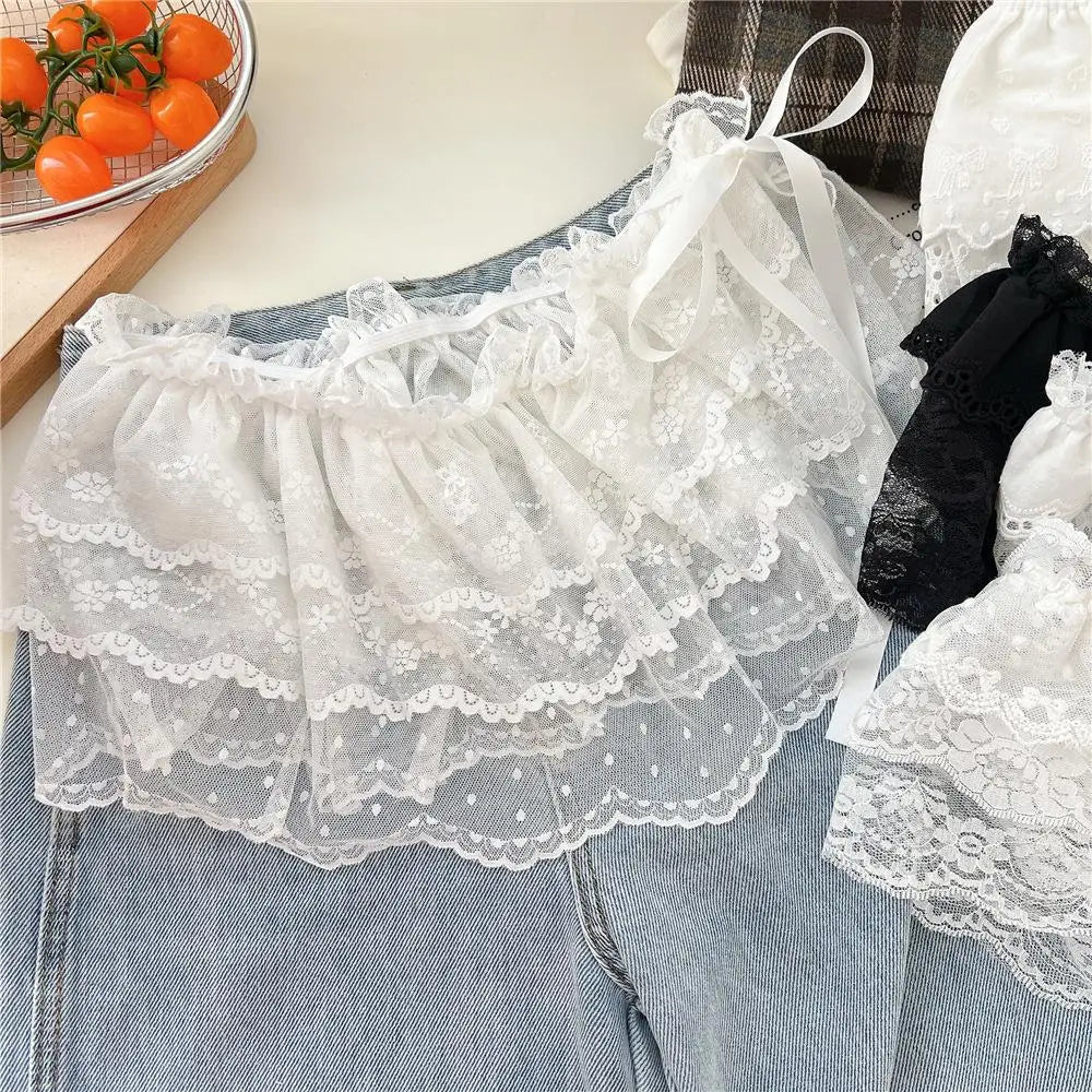 Lace Mini Skirts Women Elegant Sweet Lolita Short Skirts High Waist Ruffle Skirts Lace Trim Butt Curtain Skirt